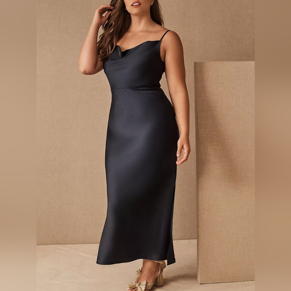 BHLDN Cali Satin Cowl-Neck Midi Slip Dress - Black